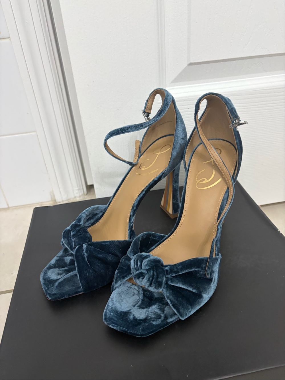 Sam Edelman Velvet Knotted Ankle-Strap Heels in Teal Blue